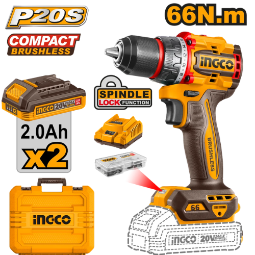 TALADRO ATORNILLADOR/PARAFUSADEIRA INGCO P20S 20V BRUSHLESS COMPACTO 66NM + 2 BATERÍAS 2.0AH + CARGADOR + MALETÍN + SPINDLE LOCK