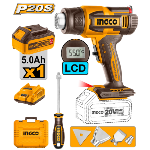 INGCO PISTOLA DE CALOR 20V P20S LCD 550°C