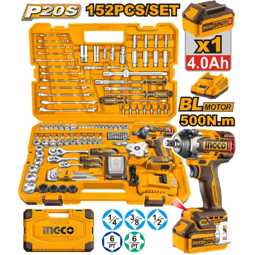 KIT INGCO P20S 152PCS + LLAVE DE IMPACTO BL 500N.m - MALETIN COMPLETO