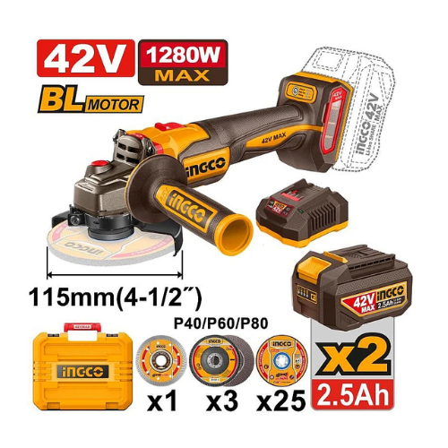 AMOLADORA ANGULAR / ESMERILADORA INGCO 42V 1280W MAX 115MM 4-1/2" SIN CABLES