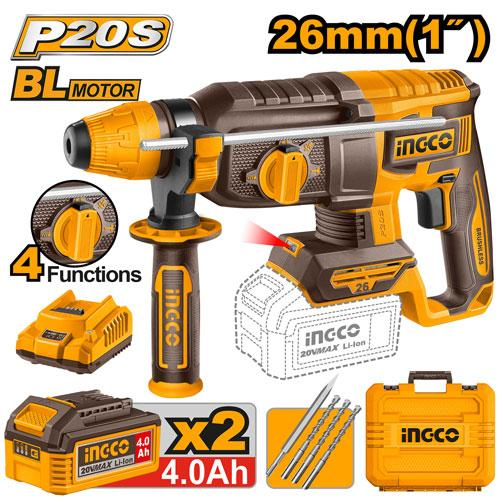 ROTOMARTILLO SDS PLUS INGCO P20S 20V BRUSHLESS 26MM 4 FUNCIONES + 2 BATERÍAS 4.0AH + CARGADOR + MALETÍN