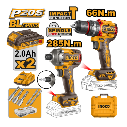 COMBO INGCO P20S 20V BL MOTOR TALADRO + ATORNILLADOR IMPACTO 2 BATERÍAS 2AH