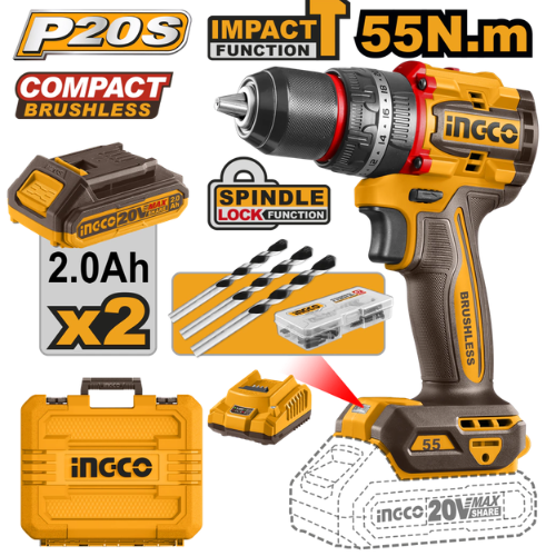 TALADRO ATORNILLADOR/PARAFUSADEIRA INGCO P20S 20V BRUSHLESS IMPACTO 55NM + 2 BATERÍAS 2.0AH + CARGADOR + MALETÍN