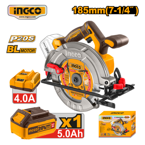SIERRA CIRCULAR INALÁMBRICA INGCO P20S 20V BL MOTOR 185MM 7-1/4" + BATERÍA 5.0AH + CARGADOR 4.0A KIT