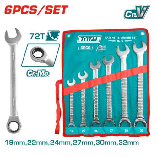 LLAVES COMBINADAS TOTAL 6PCS Cr-V 72 DIENTES Cr-Mo - RACHET SPANNER SET