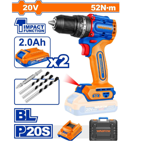 TALADRO ATORNILLADOR/PARAFUSADEIRA WADFOW P20S 20V BRUSHLESS IMPACTO 52NM + 2 BATERÍAS 2.0AH + CARGADOR + MALETÍN