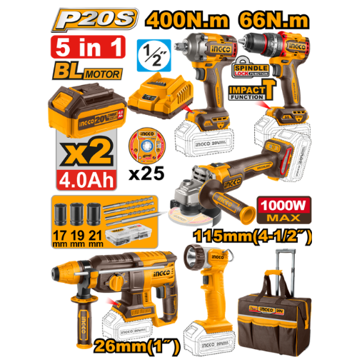 COMBO INGCO 5 EN 1 P20S 20V BL MOTOR 2 BATERÍAS 4AH MALETA