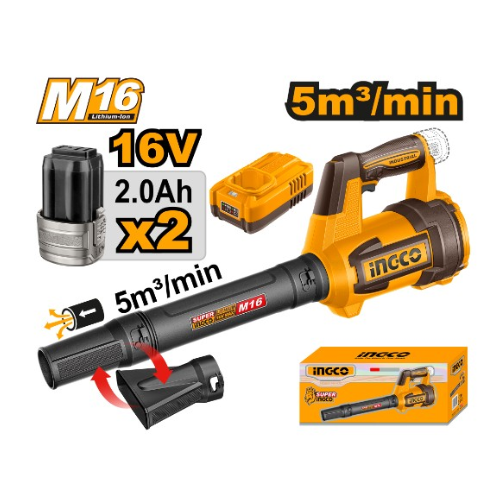SOPLADOR INALÁMBRICO INGCO M16 16V 5M³/MIN + 2 BATERÍAS 2.0AH + CARGADOR KIT
