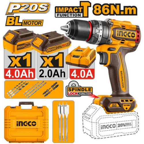 TALADRO ATORNILLADOR/PARAFUSADEIRA INGCO P20S 20V BRUSHLESS IMPACTO 86NM + 1 BATERÍA 4.0AH + 1 BATERÍA 2.0AH + CARGADOR 4.0A + MALETÍN