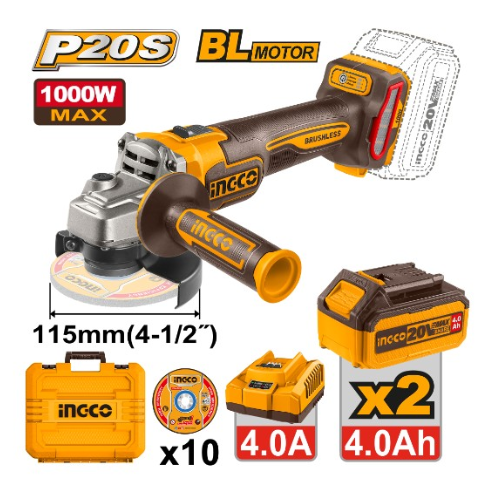 AMOLADORA A BATERIA 115MM A BATERIA P20S 20V BRUSHLESS + CARGADOR + VALIJA