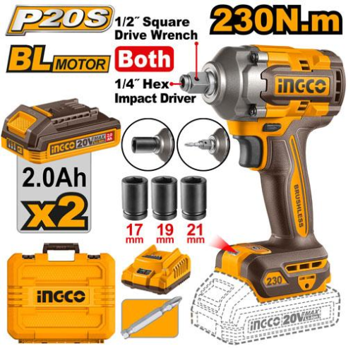 LLAVE Y ATORNILLADOR DE IMPACTO A BATERÍA 20V P20S 230NM C/2BAT, CARGADOR, 3 DADOS + PUNTA Y VALIJA