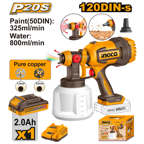 PISTOLA PULVERIZADORA A BATERIA P20S 20V + BATERIA + CARGADOR + ACCESORIOS