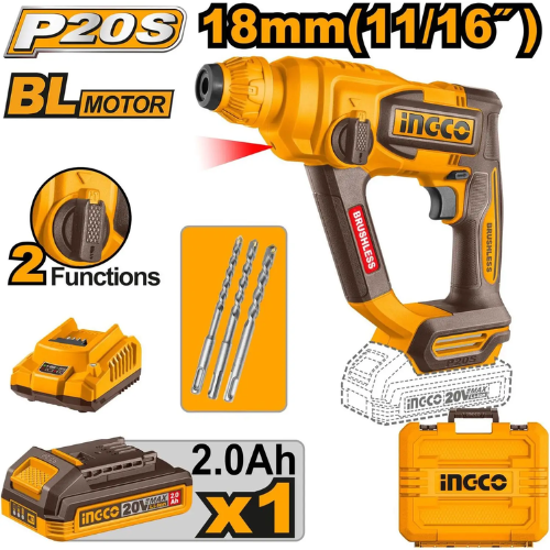 ROTOMARTILLO A BATERÍA 20V P20S SDS PLUS 1.8J + 3 MECHAS, CON BATERÍA + CARGADOR Y VALIJA