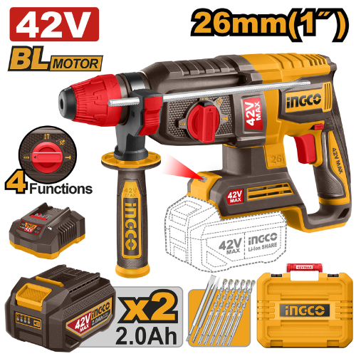 ROTOMARTILLO A BATERIA 42V BRUSHLESS SDS PLUS 2.5J + 6 MECHAS + 2 CINCEL + 2 BAT 2.0AH + CARGADOR + VALIJA