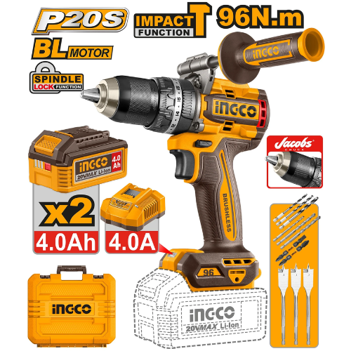 TALADRO ATORNILLADOR PERCUTOR INGCO P20S BL 96N.m