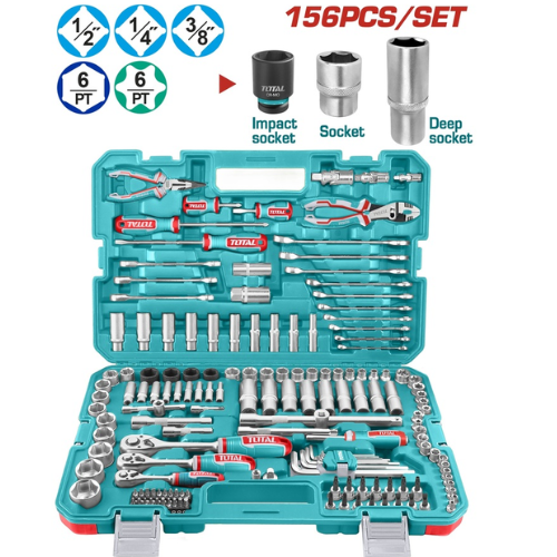 TOTAL SET HERRAMIENTAS JUEGO DE DADOS 156PCS 1/4",3/8",1/2"