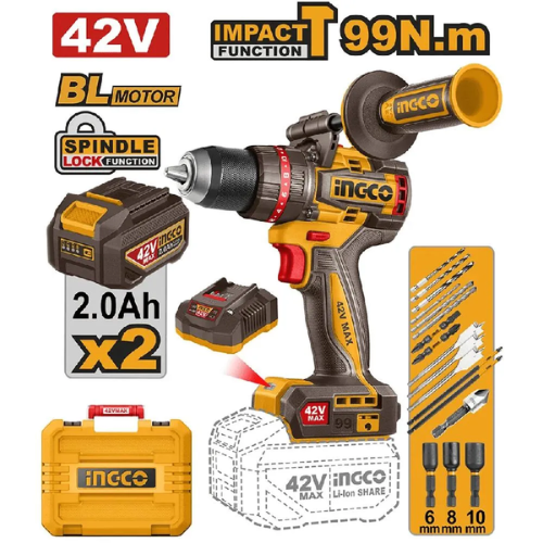 TALADRO INGCO 42V BRUSHLESS 99N.m – KIT 2x2.0Ah