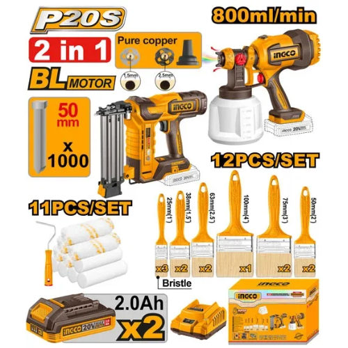 KIT 2 EN 1 INGCO P20S 20V CLAVADORA 50mm + PISTOLA PINTAR + ACCESORIOS