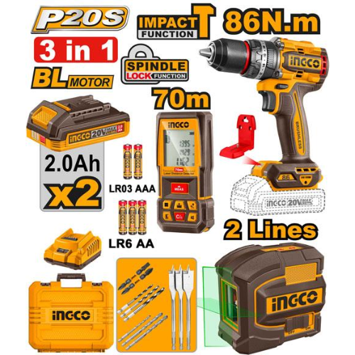 KIT 3 EN 1 INGCO P20S 20V TALADRO + NIVEL LÁSER + MEDIDOR LÁSER