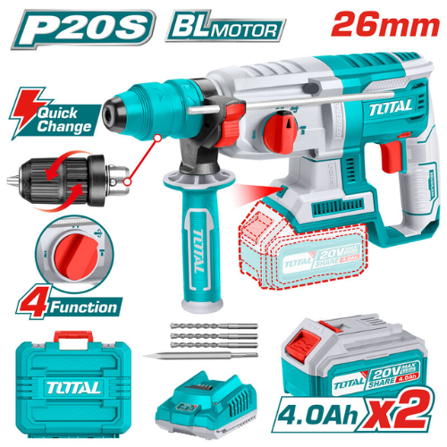 MARTILLO ROTATIVO TOTAL 20V BL SDS-PLUS 26mm 4 FUNCIONES + PORTA MANDRIL