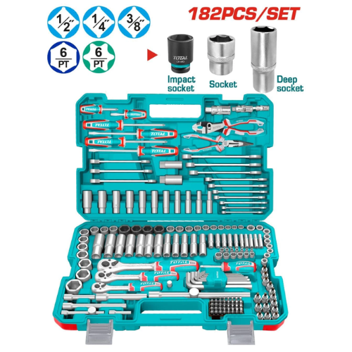 JUEGO DE HERRAMIENTAS TOTAL 182 PZS 1/2" + 3/8" + 1/4" 6PT
