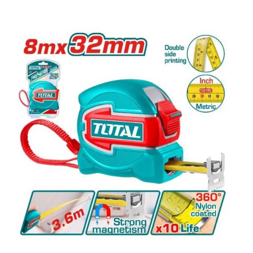 CINTA MÉTRICA TOTAL 8 METROS X 32MM - CINTA DOBLE ESCALA CON IMÁN Y RECUBRIMIENTO NYLON
