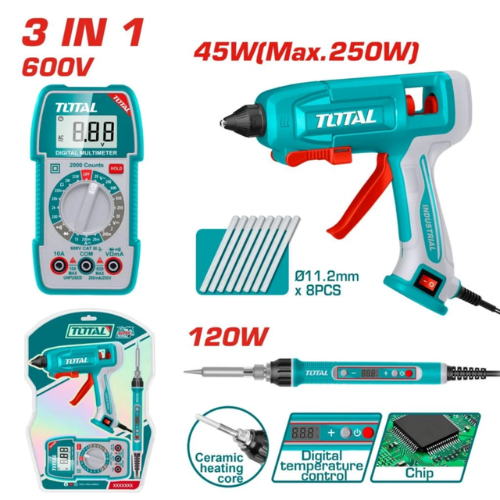 KIT 3 EN 1 TOTAL - MULTÍMETRO DIGITAL 600V + PISTOLA DE SILICONA 45W + SOLDADOR 120W CONTROL DIGITAL