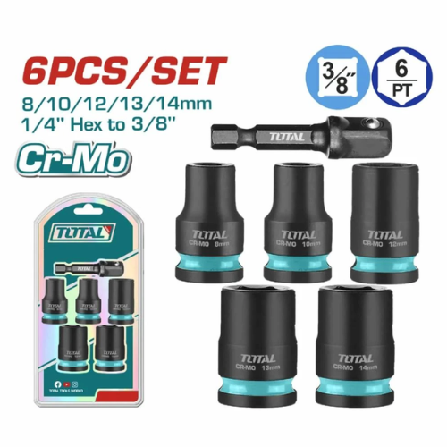 JUEGO DE DADOS DE IMPACTO TOTAL 6PCS 3/8" 6PT CR-MO 8/10/12/13/14MM + ADAPTADOR HEX 1/4" A 3/8"