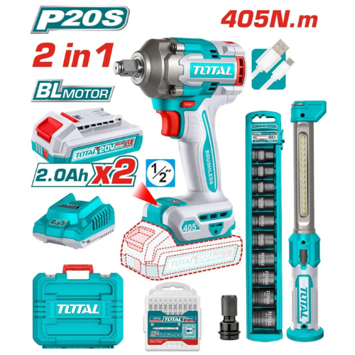 KIT LLAVE DE IMPACTO TOTAL 20V P20S 405N.M BRUSHLESS 2 EN 1 + LÁMPARA LED + 2 BATERÍAS 2.0AH + CARGADOR + MALETÍN