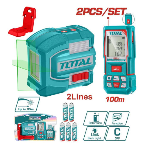 SET TOTAL 2PCS - NIVEL LÁSER VERDE 2 LÍNEAS 35M + MEDIDOR LÁSER DIGITAL 100M CON BASE MAGNÉTICA Y PILAS