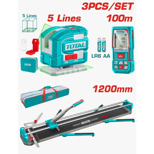SET TOTAL 3PCS - NIVEL LÁSER 5 LÍNEAS 360° + MEDIDOR LÁSER 100M + CORTADORA DE CERÁMICA 1200MM CON BOLSO