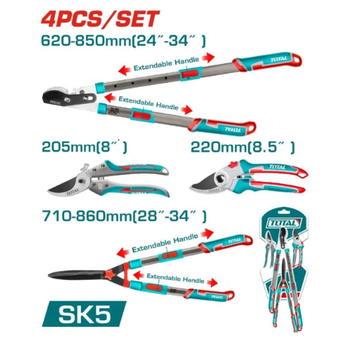 SET TOTAL 4PCS PODA PROFESIONAL SK5 - TIJERA YUNQUE + BYPASS + PODADORA EXTENSIBLE 62-85CM + CORTASETOS EXTENSIBLE 71-86CM
