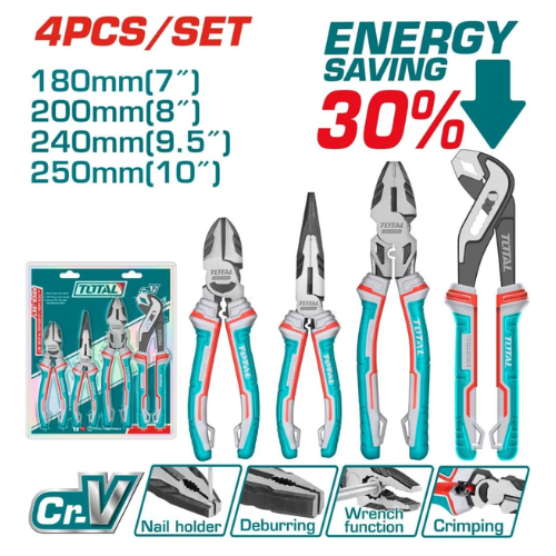 SET TOTAL 4PCS ALICATES CR-V - 7" 8" 9.5" 10" - ALICATE CORTE + PINZA PUNTA + PINZA UNIVERSAL + LLAVE PICO LORO