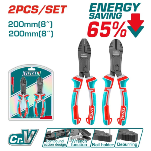 SET TOTAL 2PCS - ALICATE CORTE PESADO 8" 200MM CR-V - ENERGY SAVING 65% + FUNCIÓN LLAVE + PORTACALVOS