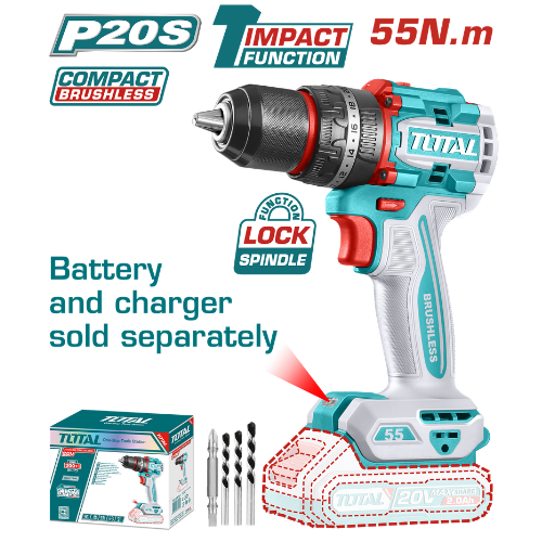 TALADRO ATORNILLADOR TOTAL 20V P20S BRUSHLESS - 55NM - IMPACT FUNCTION + MANDRIL 13MM - SIN BATERÍA