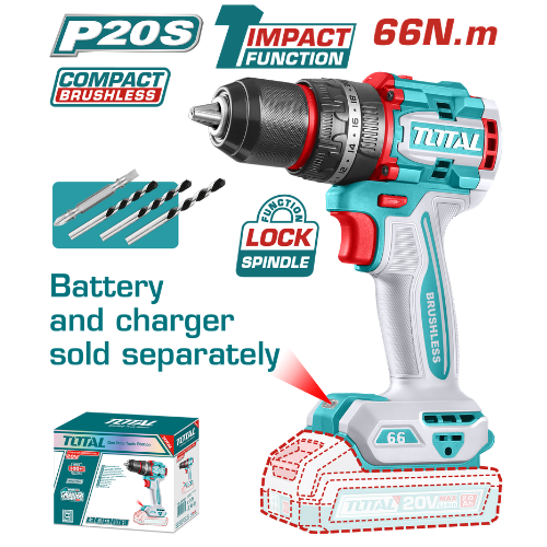 TALADRO ATORNILLADOR TOTAL 20V P20S BRUSHLESS - 66NM - IMPACT FUNCTION + MANDRIL 13MM - SIN BATERÍA