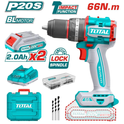 KIT TALADRO TOTAL 20V P20S BRUSHLESS 66NM - 2X BATERÍA 2.0AH + CARGADOR + MALETÍN + MECHAS