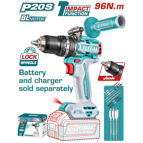 TALADRO PERCUTOR TOTAL 20V P20S BRUSHLESS - 96NM - MANDRIL JACOBS 13MM + ASA LATERAL - SIN BATERÍA