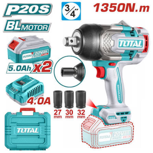 LLAVE DE IMPACTO TOTAL 20V P20S 3/4" - 1350NM - BRUSHLESS - 2X BATERÍA 5.0AH + CARGADOR 4.0A + 3 CUBOS