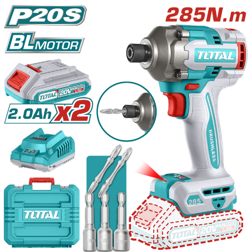 KIT ATORNILLADOR IMPACTO TOTAL 20V P20S 1/4" HEX - 285NM - BRUSHLESS - 2X BATERÍA 2.0AH + 5 PUNTAS
