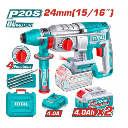 KIT ROTOMARTILLO SDS-PLUS TOTAL 20V P20S - 24MM - 4 FUNCIONES - 2X BATERÍA 4.0AH + CARGADOR 4.0A