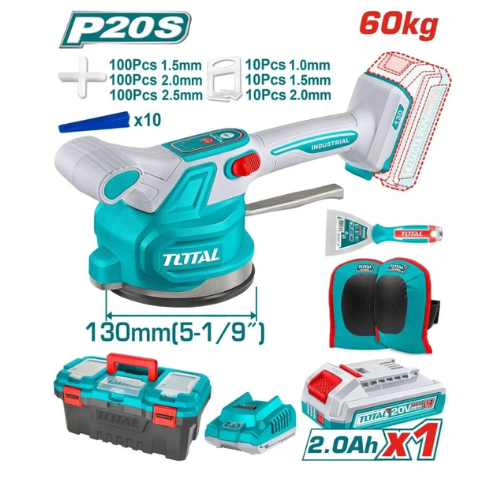 KIT VENTOSA VIBRADORA TOTAL 20V P20S - 130MM 5-1/9" - 60KG - 1X BATERÍA 2.0AH + CARGADOR + ACCESORIOS