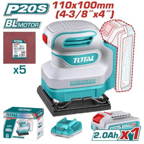KIT LIJADORA ORBITAL TOTAL 20V P20S - 110X100MM 4-3/8"x4" - BRUSHLESS - 1X BATERÍA 2.0AH + CARGADOR + 5 LIJAS