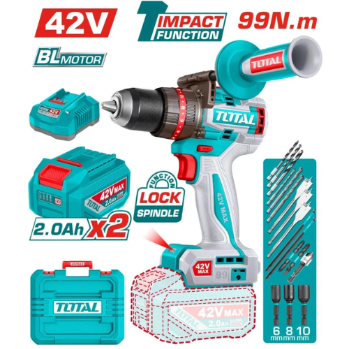 KIT TALADRO PERCUTOR TOTAL 42V MAX - BRUSHLESS - 99NM - 2X BATERÍA 2.0AH + CARGADOR + 18 ACCESORIOS