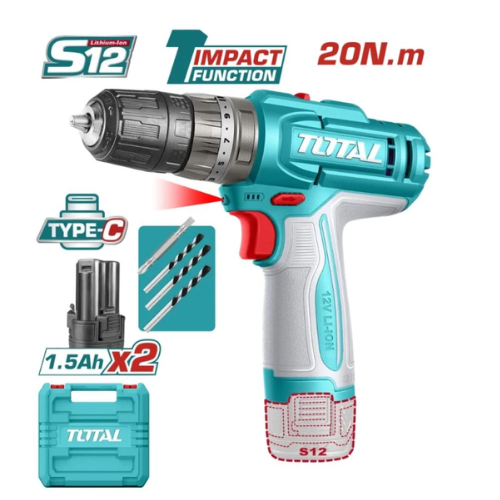 KIT TALADRO ATORNILLADOR TOTAL S12 12V - 20NM - 1 FUNCIÓN IMPACT - 2X BATERÍA 1.5AH TYPE-C + MALETÍN
