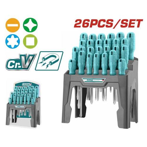 SET DESTORNILLADORES TOTAL 26PCS - CR-V - MAGNÉTICO - PLANO PHILLIPS TORX CUADRADO + BASE ORGANIZADORA