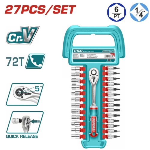 JUEGO DE TUBOS TOTAL 27PCS 1/4" - CR-V - 72T 5° - QUICK RELEASE + HEX BITS + PORTA BITS