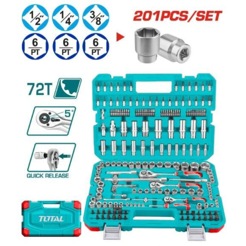 MALETÍN DE HERRAMIENTAS TOTAL 201PCS - 1/2" 3/8" 1/4" - CR-V - 72T 5° - QUICK RELEASE + 6PT