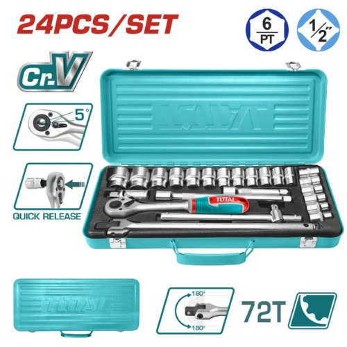 JUEGO DE TUBOS TOTAL 24PCS 1/2" - CR-V - 72T 5° - QUICK RELEASE + CABEZA GIRATORIA 180° + MALETÍN METÁLICO