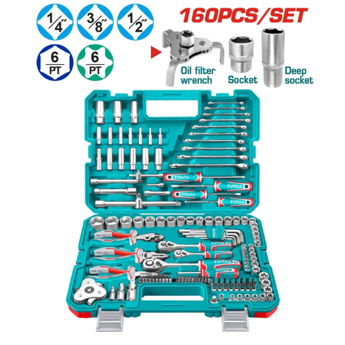 MALETÍN DE HERRAMIENTAS TOTAL 160PCS - 1/2" 3/8" 1/4" - CR-V - 6PT + LLAVE FILTRO ACEITE + DEEP SOCKET